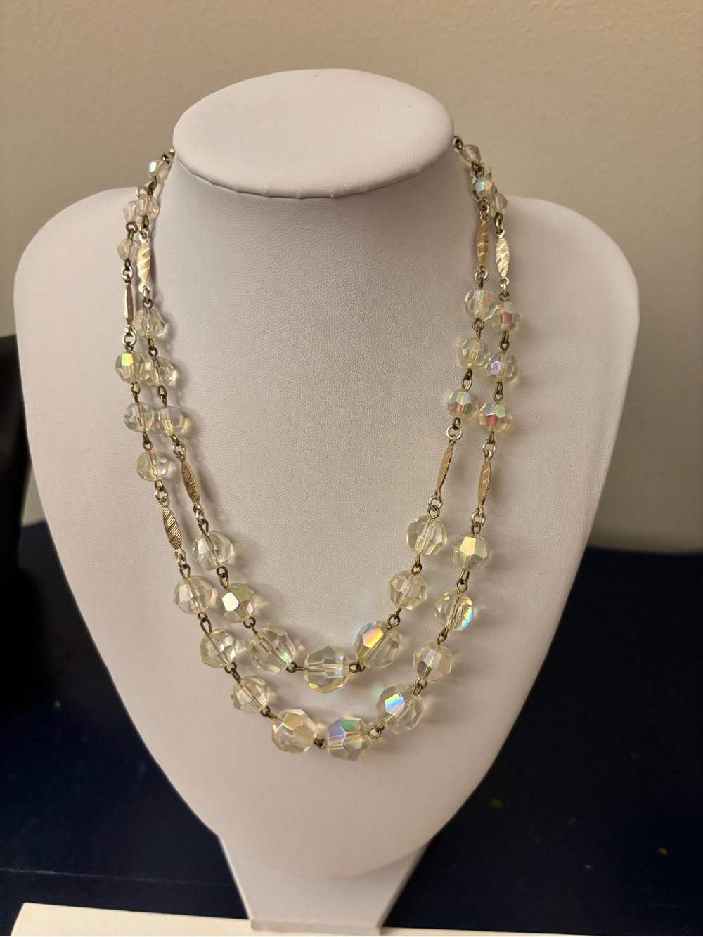 Vintage Aurora Borealis Crystal Double-Strand Necklace Gold Tone Accent 16”-18”